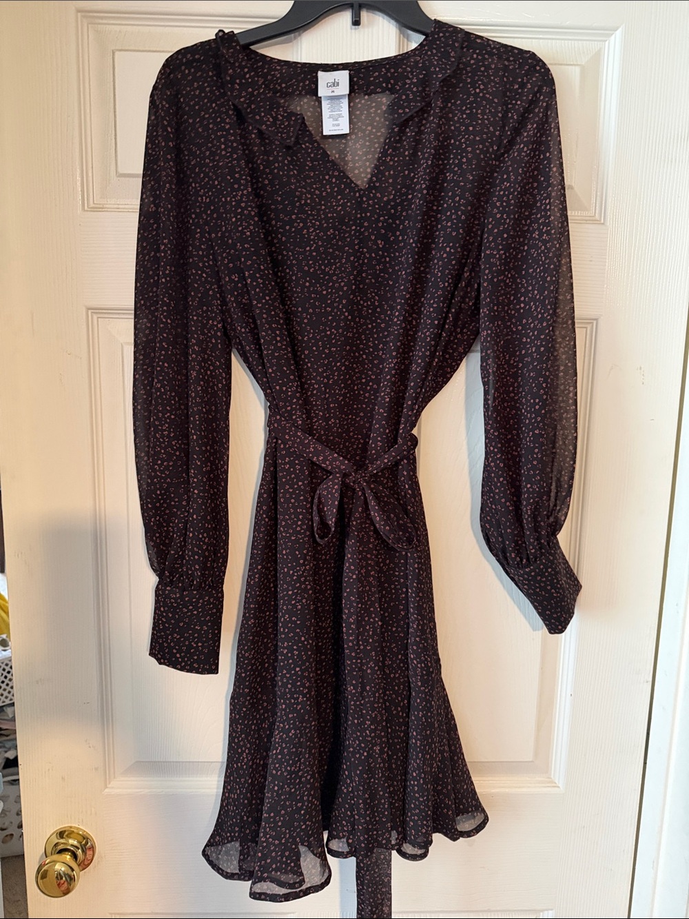 CAbi Black Long-Sleeve Tie-Waist Dress with Pink Ditsy Print